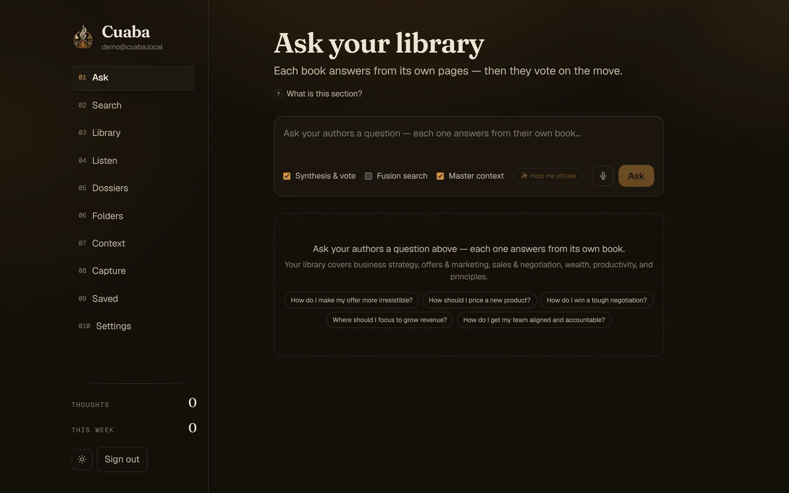 The Ask module with a question box, toggles for synthesis and vote, fusion search and master context, and suggested business questions below it