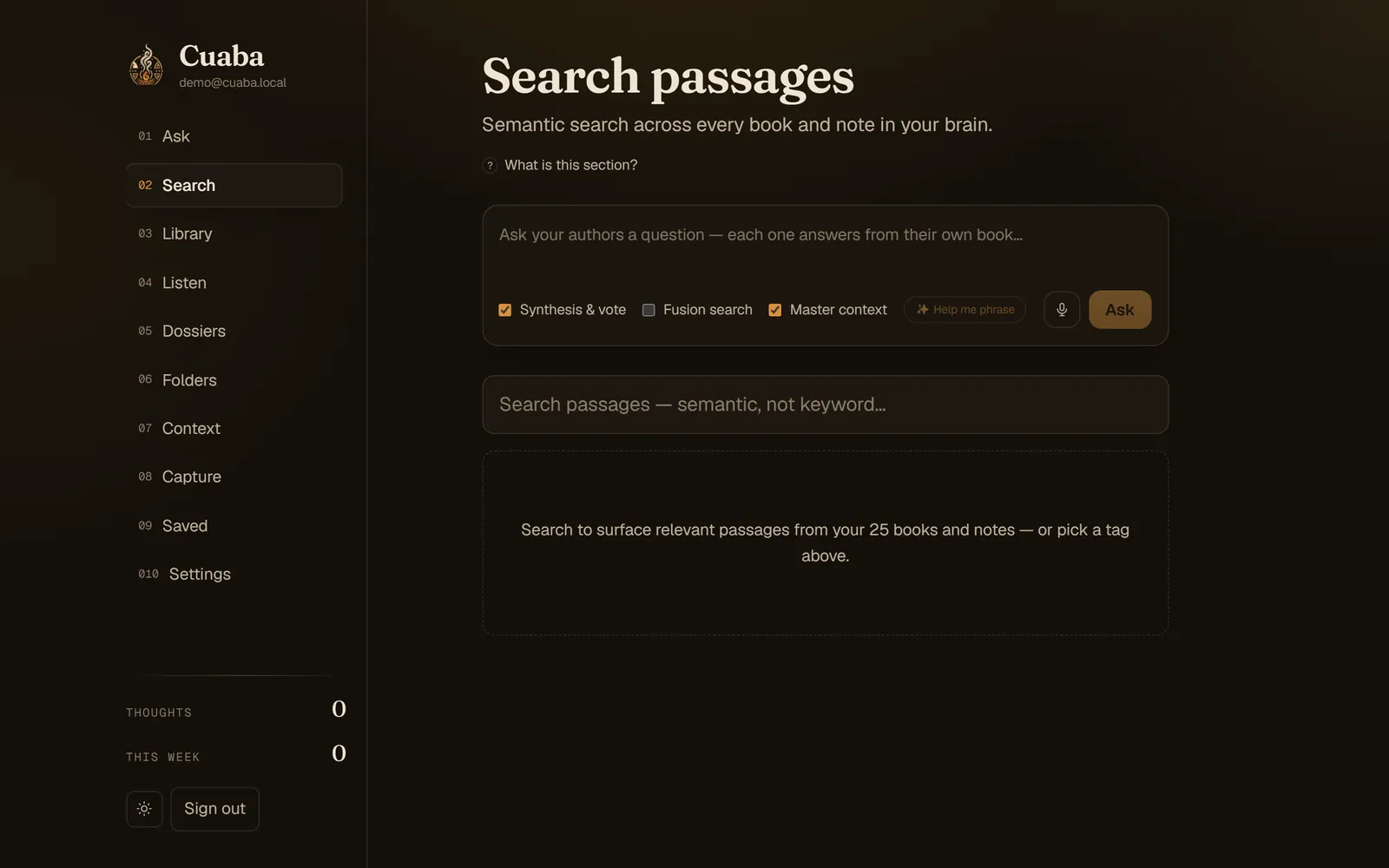 Semantic passage search screen with a dedicated search field marked semantic rather than keyword, above an empty results panel