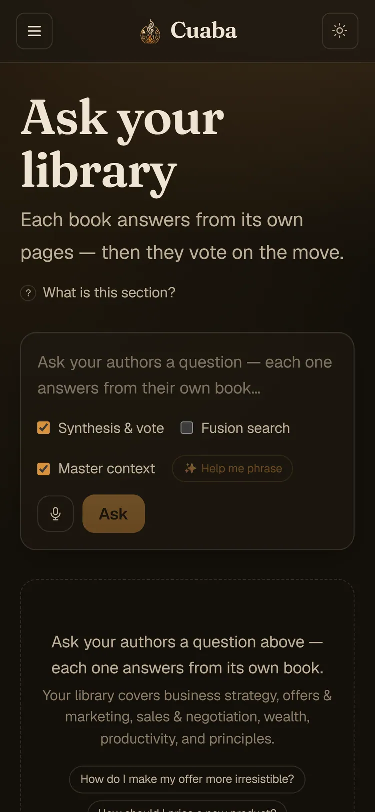 Mobile view of the Ask module with a collapsed menu, stacked answer toggles and a question box sized for one-handed use