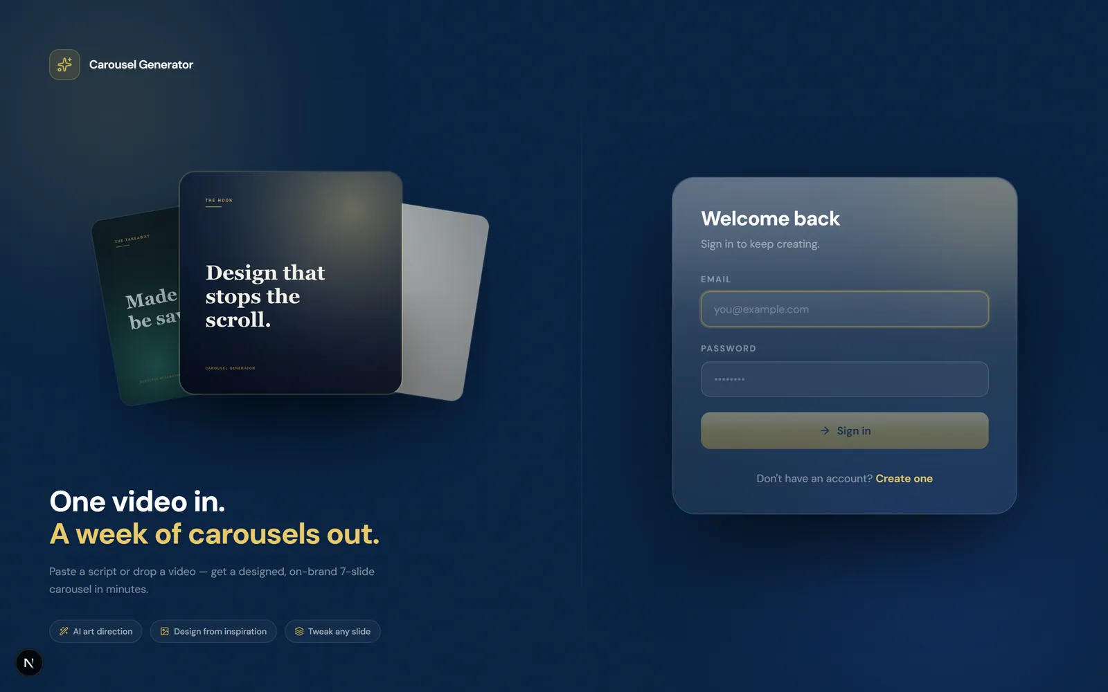 The sign-in screen with email and password fields, rendered in the dark editorial styling used across the product