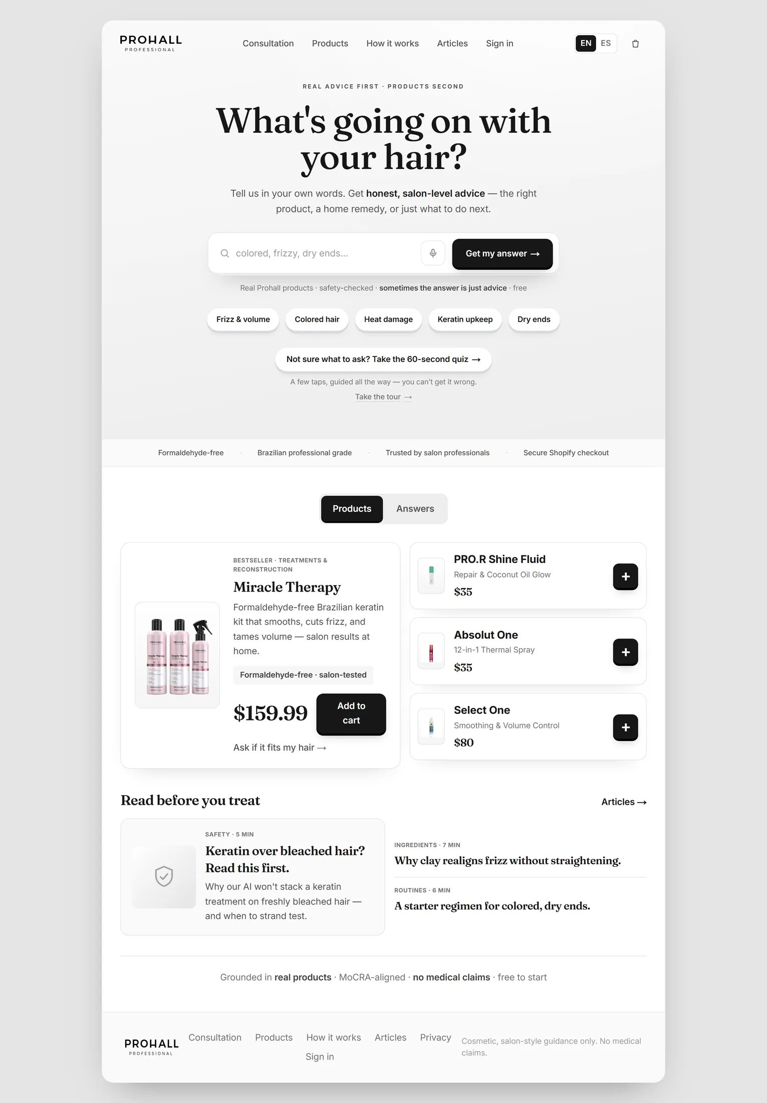 Prohall homepage opening with the question "What's going on with your hair?" above a grid of real products and editorial articles
